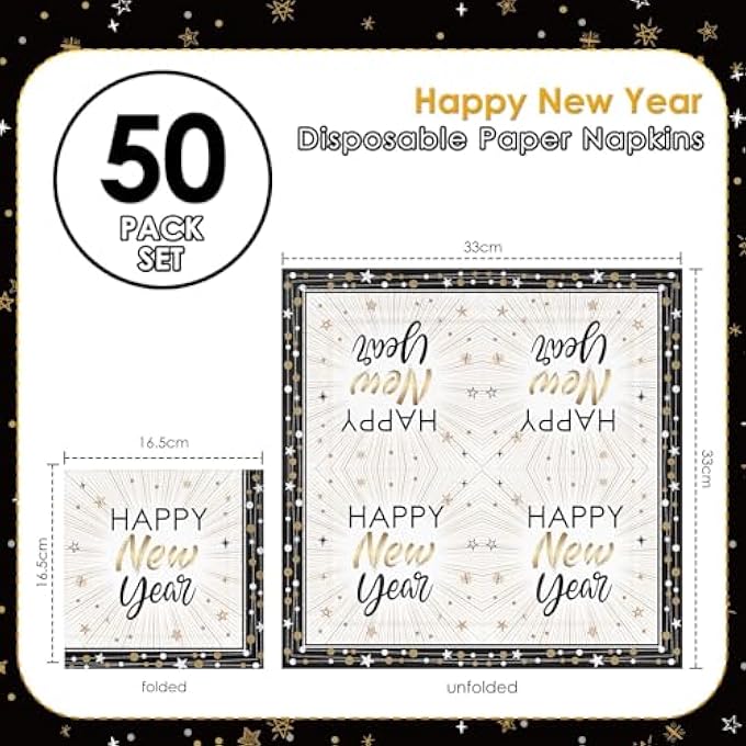 50 HAPPY NEW YEAR PAPER NAPKINS DISPOSABLE BLACK GOLD PARTY DINNER NAPKIN - Image 2